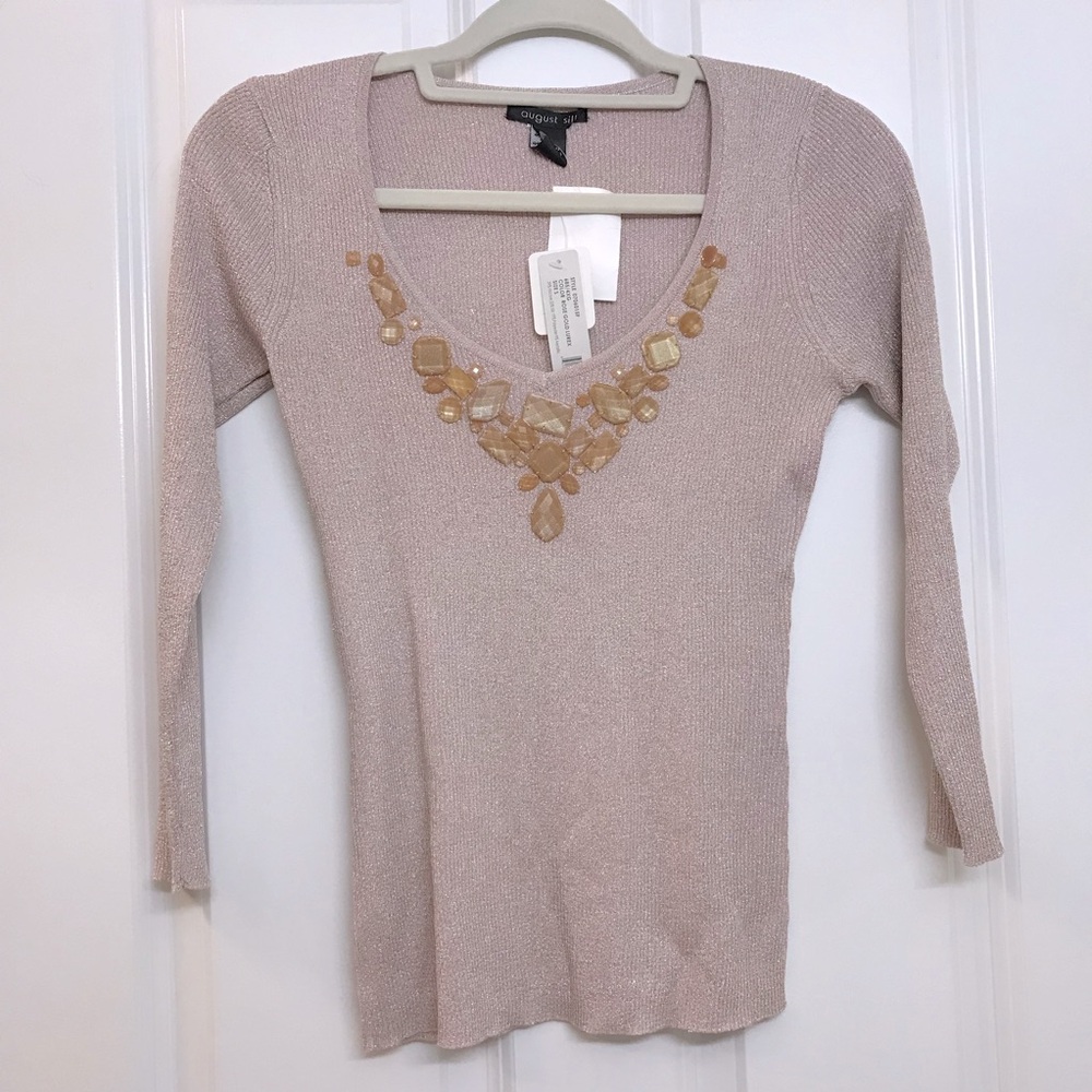 August Silk Ribbed Lurex V-Neck Sweater with Jewelled Beaded Neckline